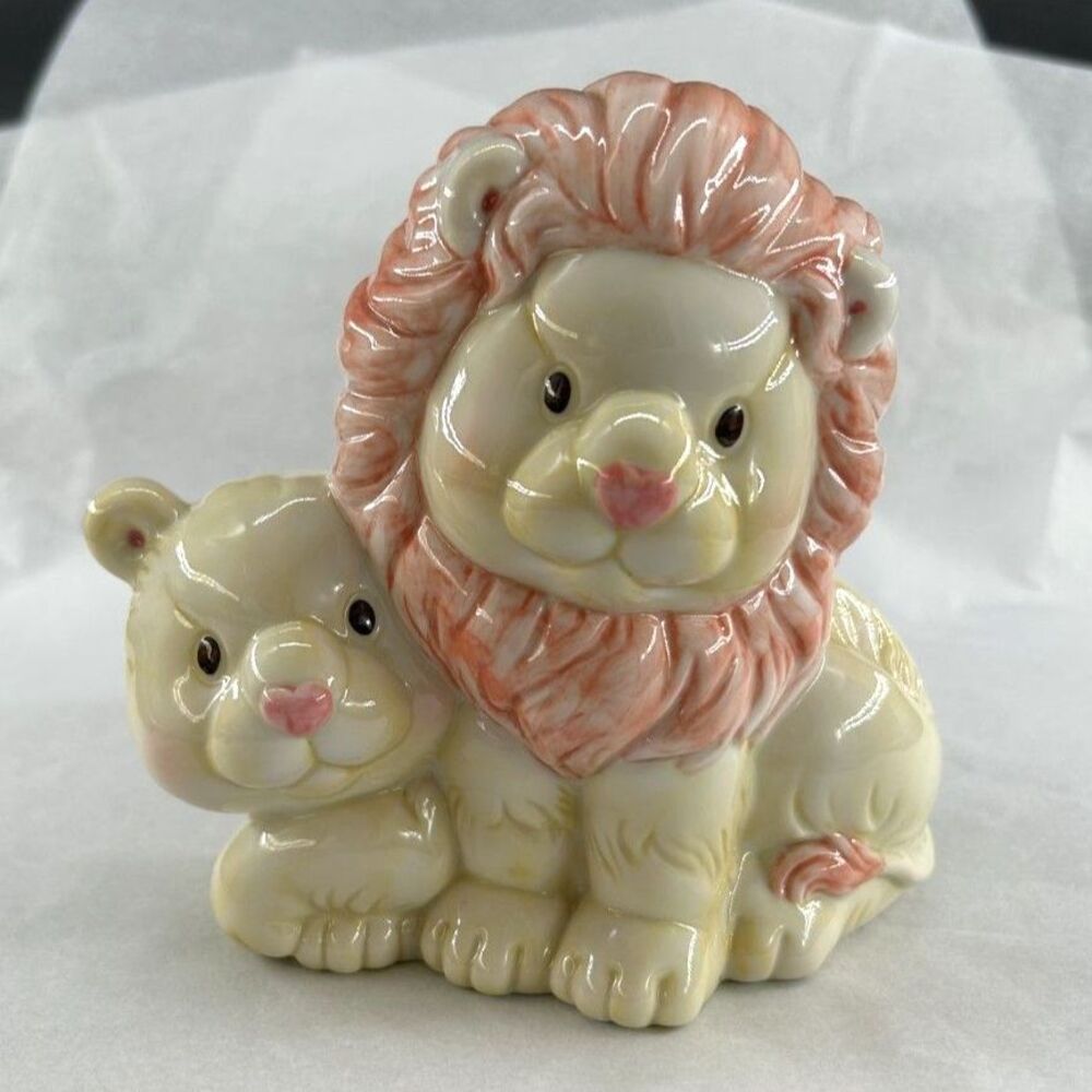 VTG Enesco Lion & Cub Coin Bank, Slot & Rubber Stopper, Glossy Glazed Finish